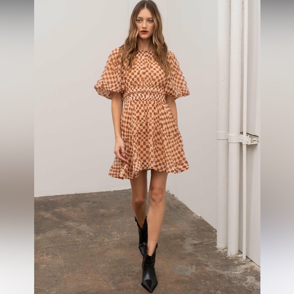 Moon River Tan and Brown Checkered Dress - Picture 1 of 16